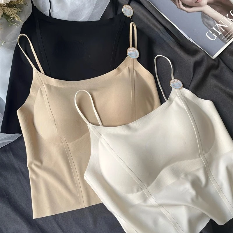 Summer Seamless Ice Silk Camisole Style Women\'s Bottoming Outer Wear Fixed All-in-one Beautiful Back Bra with Breast Pads