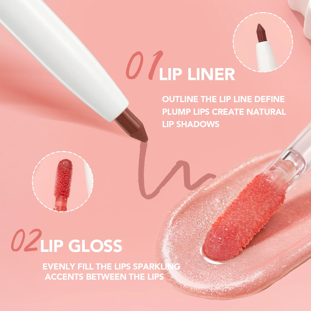 QIBEST Doppia Testa Specchio Lip Glaze 2 in 1 Lipliner Penna Acqua Luce Lip Gloss Trucco Velluto Opaco Lip Liner Matita Contorno Stick