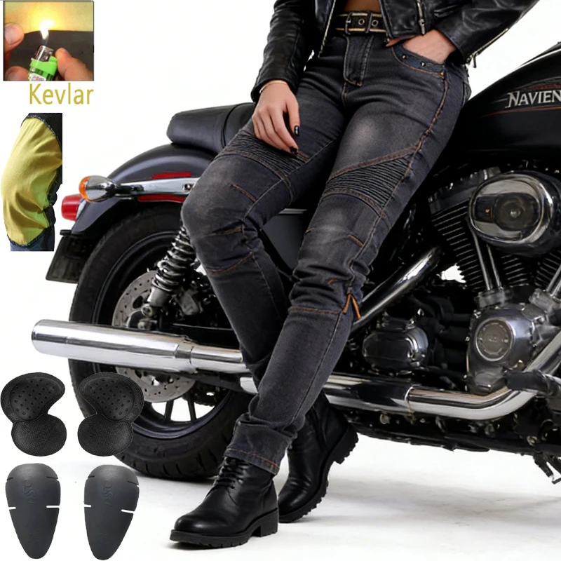 Women's Motorcycle Kevlar Jeans Spring Windproof Abrasion Resistant Black Off Road Adventure Riding Pants 03