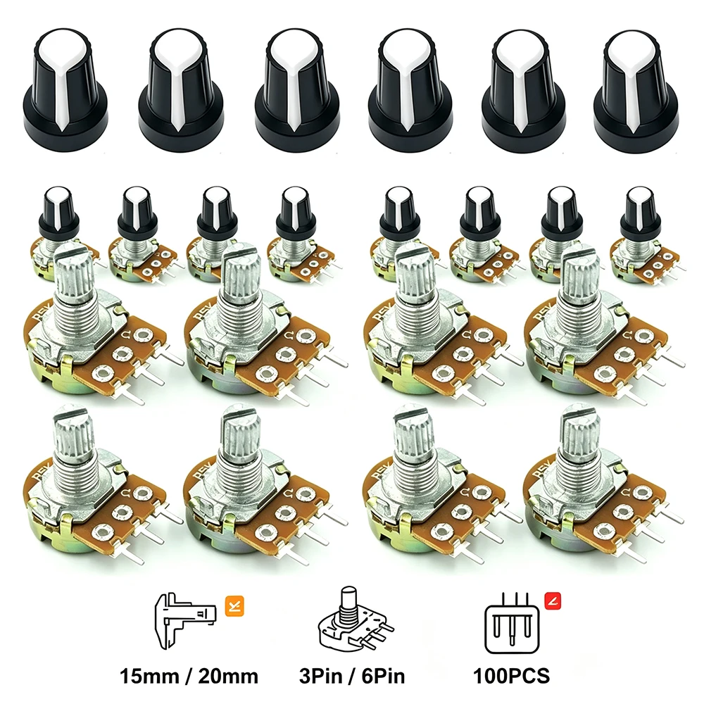 100 Stück WH148 15mm 20mm 3-Pin 6-Pin Potentiometer mit weißer Knopfkappe 1K 2K 5K 10K 20K 50K 100K 250K 500K 1M 100 500 Ohm