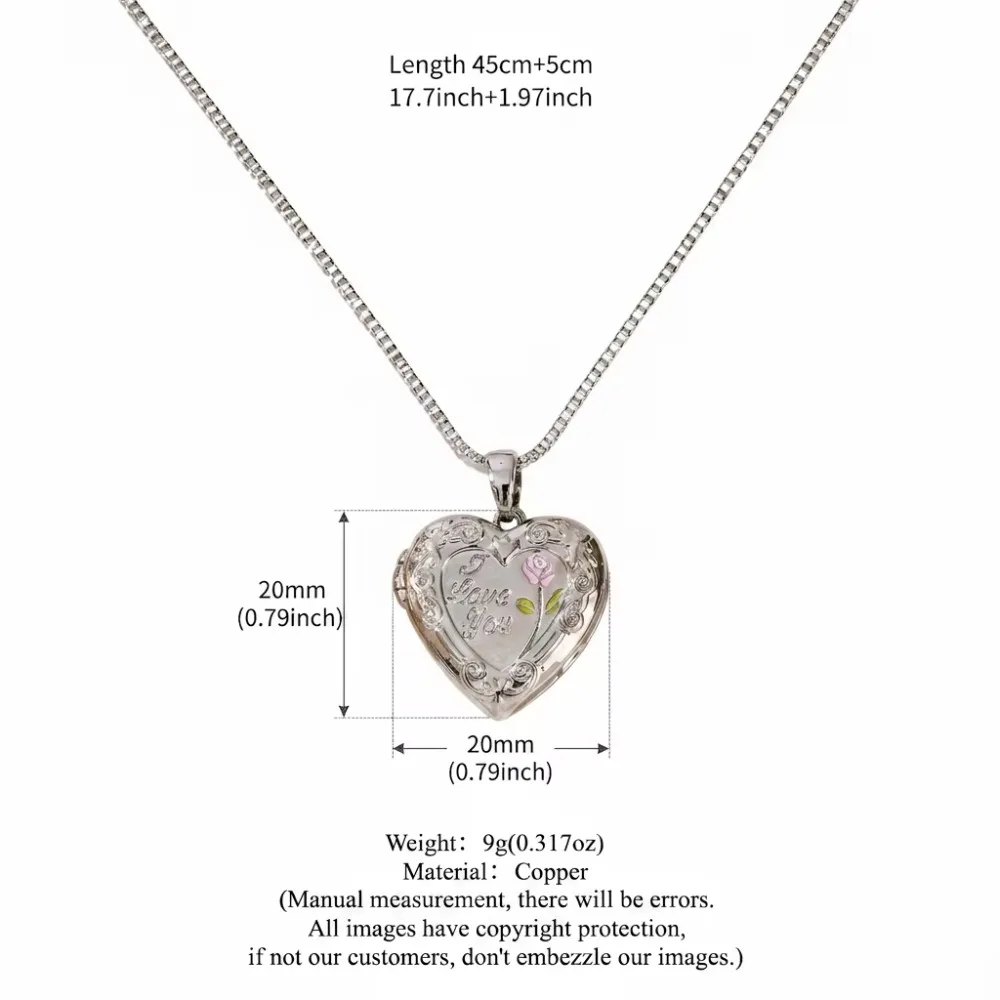 Heart Shaped Love Box Pendant Elliptical Pattern Preserved Photo Locket Necklace Engraved Vintage Rose Pendant Memory