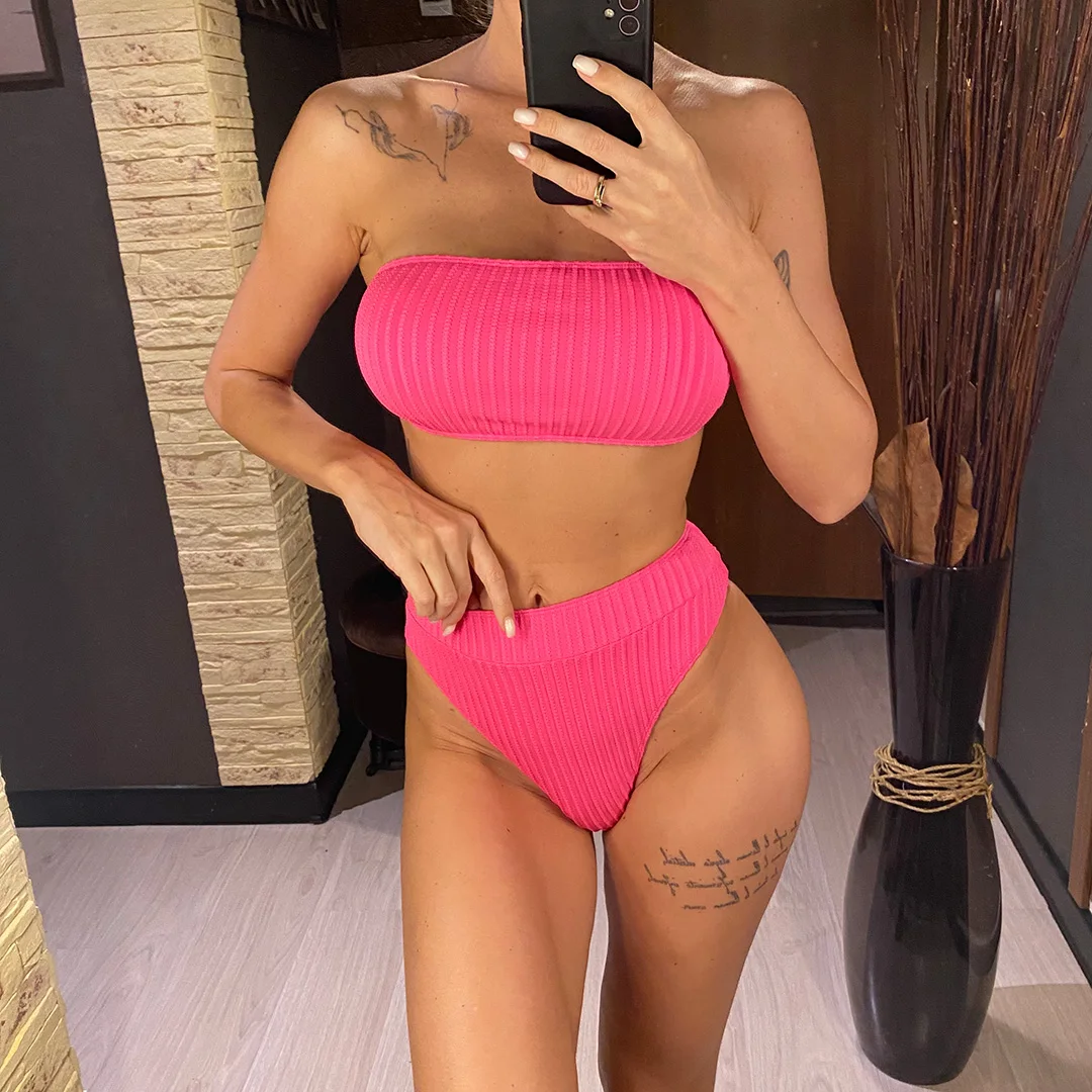 S - XL Bandeau-Bikini mit Falten, Damen-Badeanzug, Bikini mit hoher Taille, zweiteiliges Bikini-Set, Badebekleidung, Badeanzug, Modell V5904. – Detail 2