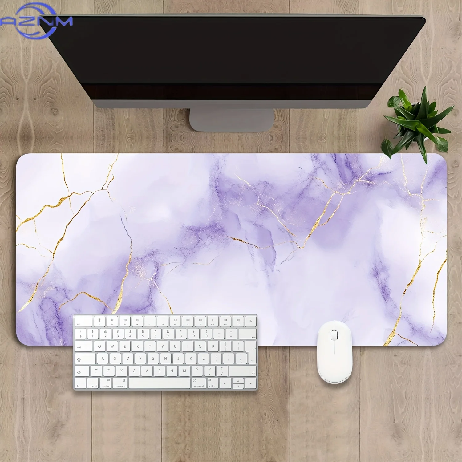 Large Lavender & Golden Marble Gaming Mouse Pad - Non-Slip Rubber Base, Waterproof Desk Mat for Office & Home, Stylish Purple &