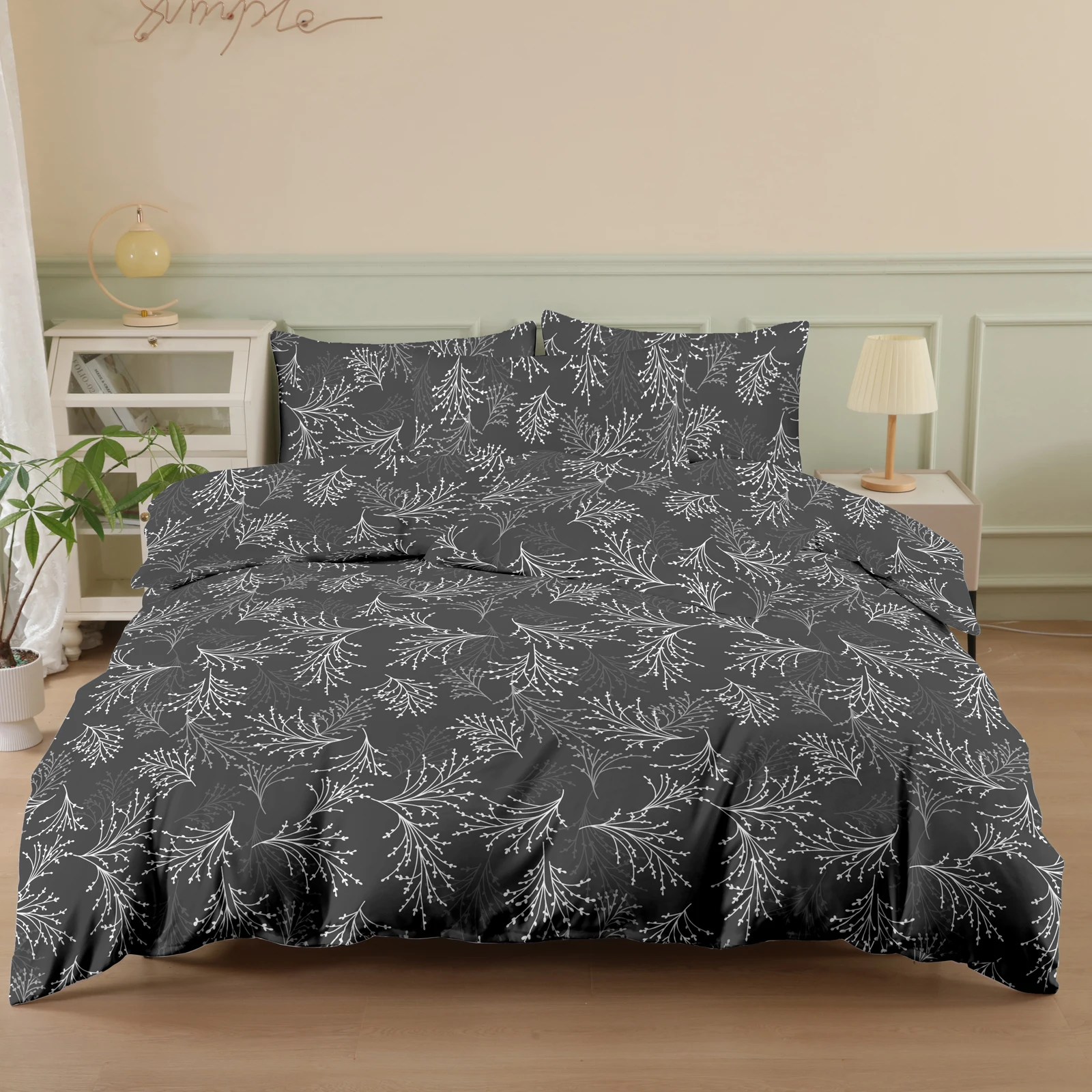 Plant and Floral Print Three-Piece Duvet Cover Set (2 Pillowcases + 1 Duvet Cover) Polyester Dark Gray Floral Leaf Pattern Printed Bedspread 3-Piece Set Ultra Soft and Comfortable Polyester Breathable Bedding Duvet Set Suitable for Bedrooms and Guest Rooms (Bedspread + Pillowcases, Without Quilt and Pillow Core) Zippered Duvet Cover + Pocket Pillowcase