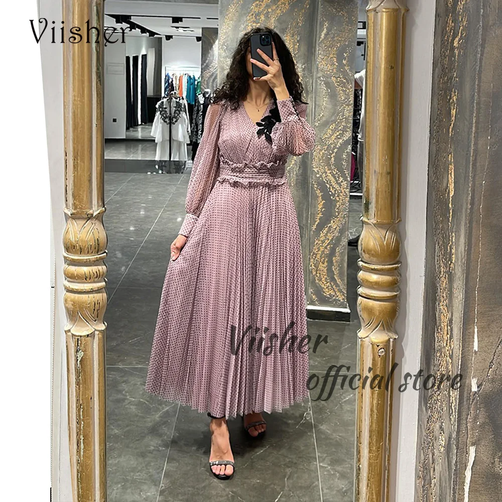 

Viisher Dotted Tulle Evening Party Dresses Long Sleeve V Neck A Line Dubai Prom Dress Outfits Formal Evening Gowns