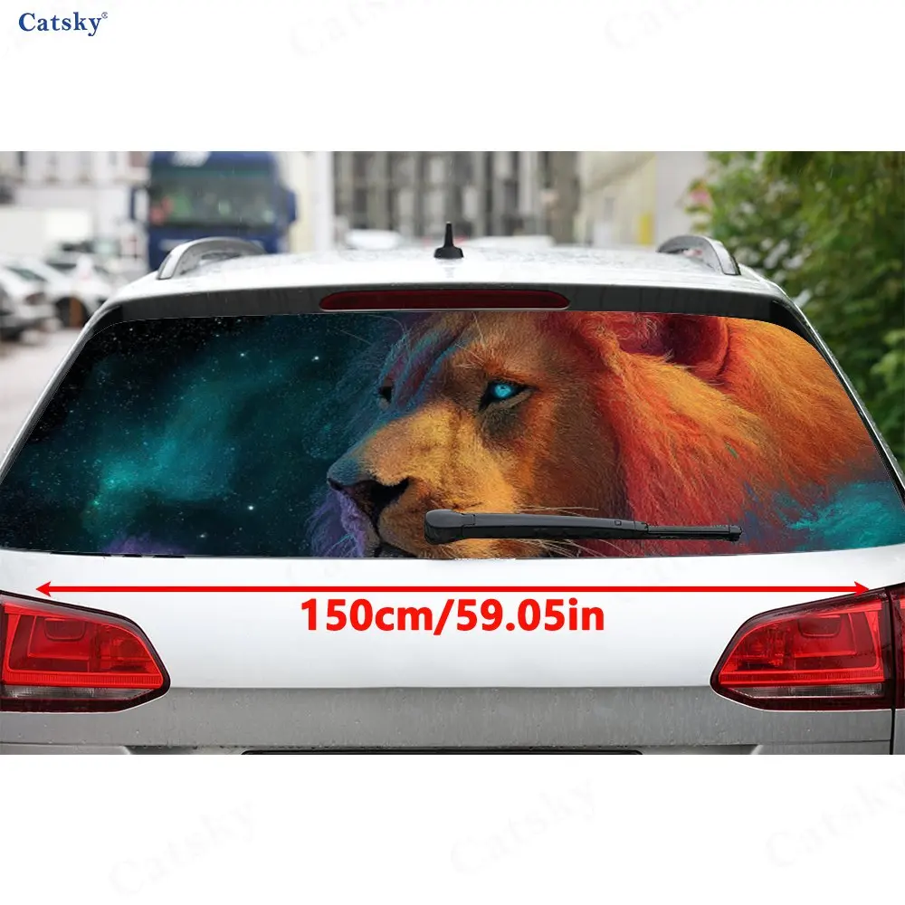Blue-Eyed Lion Cosmic Fantasy PVC Perforated Car Vinyl Wraps, Durable Car Rear Windshield Sticker, Waterproof Car Rear Window De