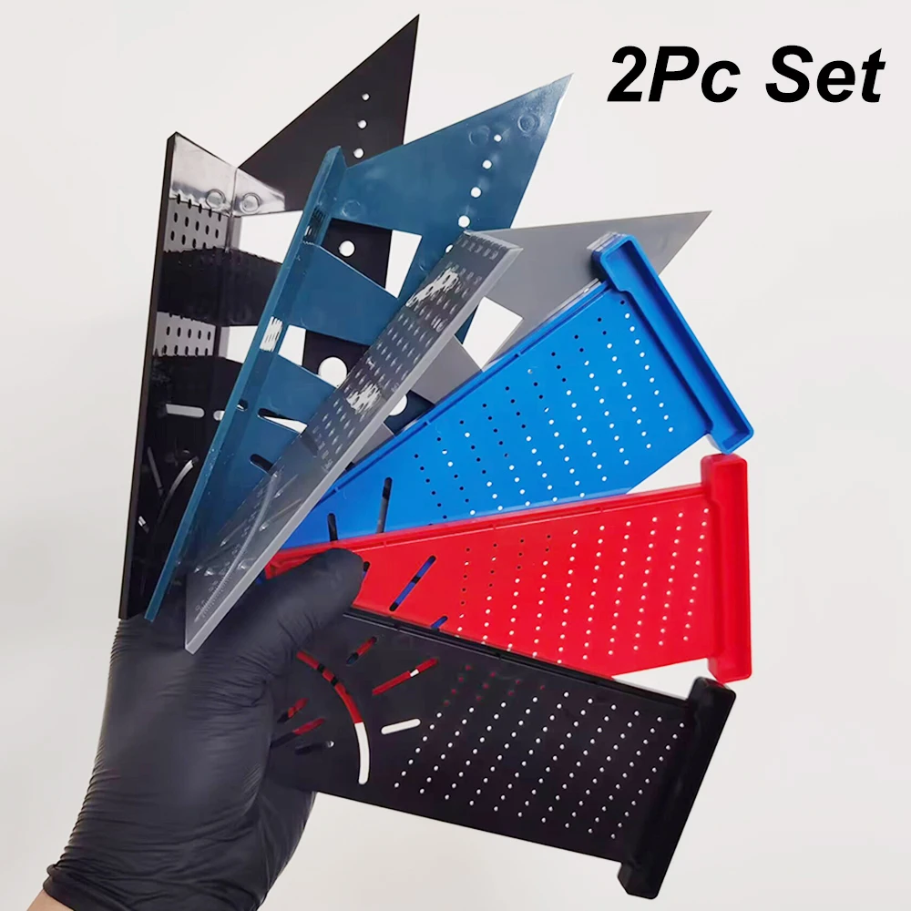 

2Pcs Set Blue Plastic Lightweight Triangle Ruler 45°/90° Woodworking Square Protractor - 3D Multi Angle Layout Measuring Tools