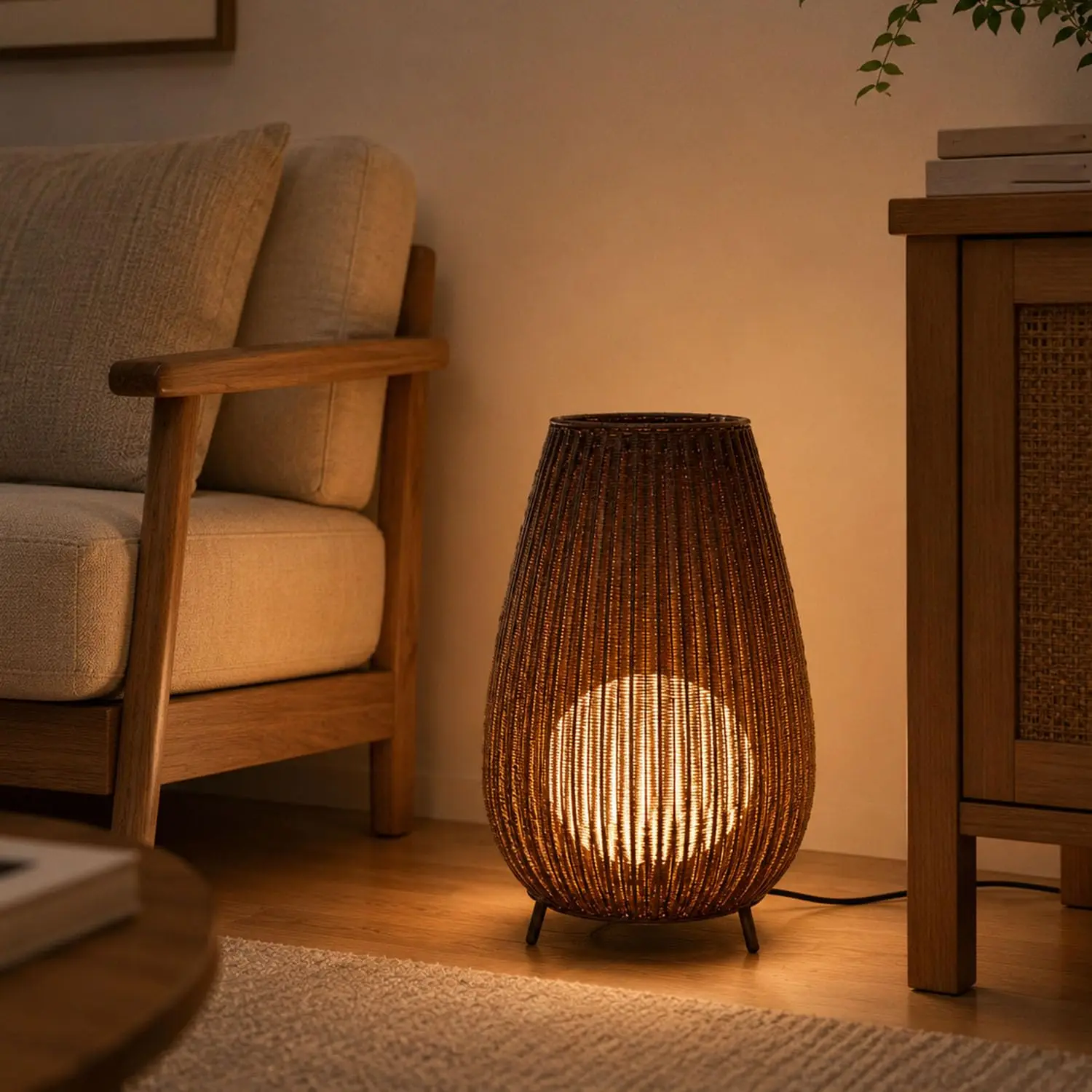 Dark Brown Outdoor Rattan Floor Lamp with Tripod