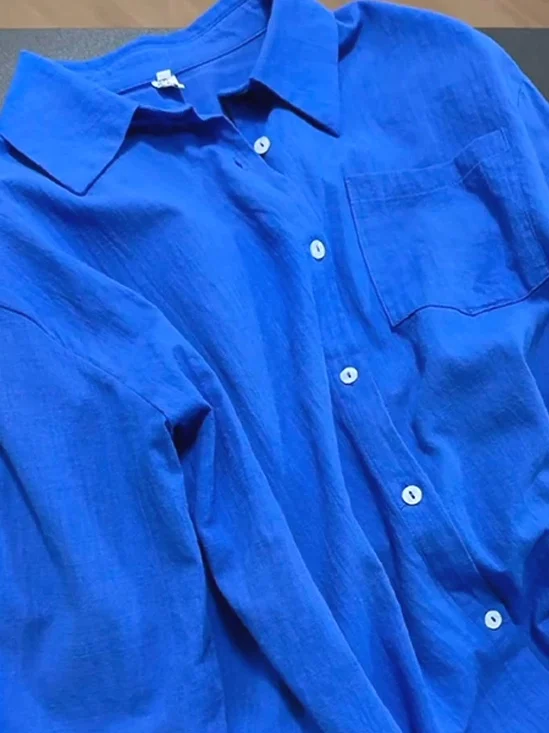 

Loose Fit Long Sleeve Klein Blue Cotton Linen Shirt Men's Breathable Sun Protection Cardigan Wrinkles Workwear Shirt Trendy