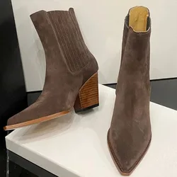 Scarpe in pelle scamosciata stile occidentale stivali corti da Cowboy da donna tacchi a zeppa quadrati scarpe a punta scarpe di grandi dimensioni 46 stivaletti alla caviglia