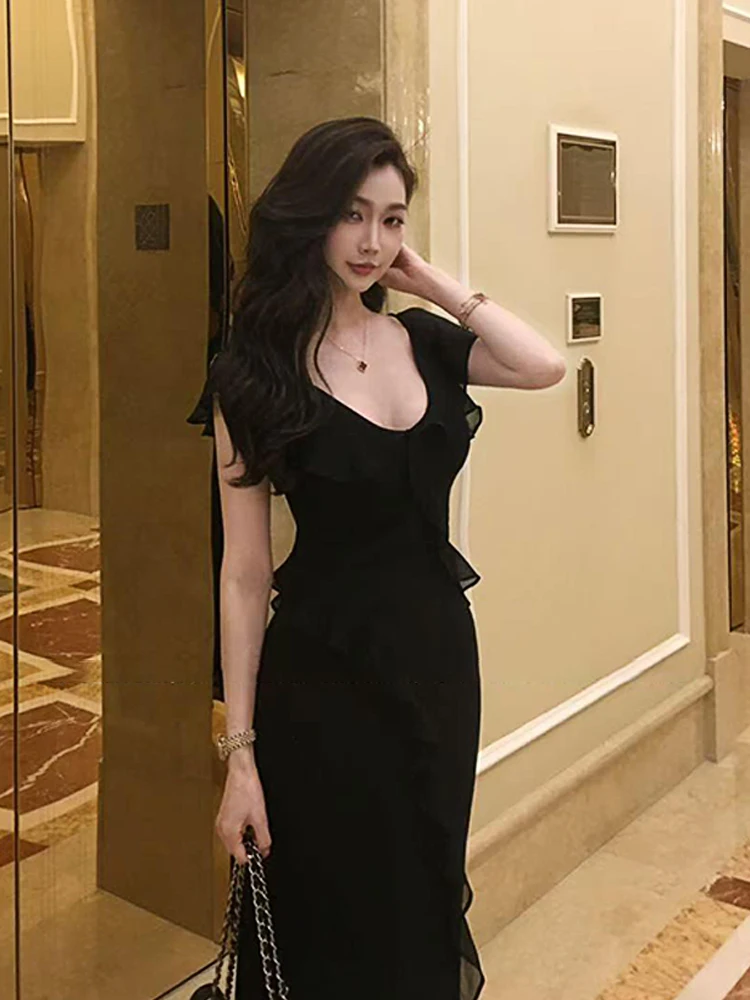 

Ele Oversized Blouse Sle Long Dr Women's Summer Slimming Bal Side Cut out Midi Dr Korean Sle Commute Wind
