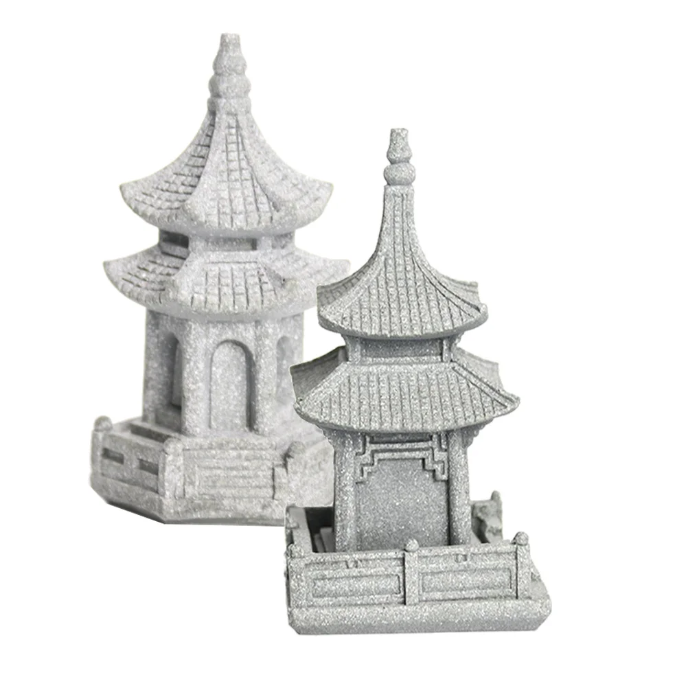 

2pcs Miniature Pavilion Statue Simulated Bonsai Decor Garden Ornaments Yard Decoration Mini Accessories Pet