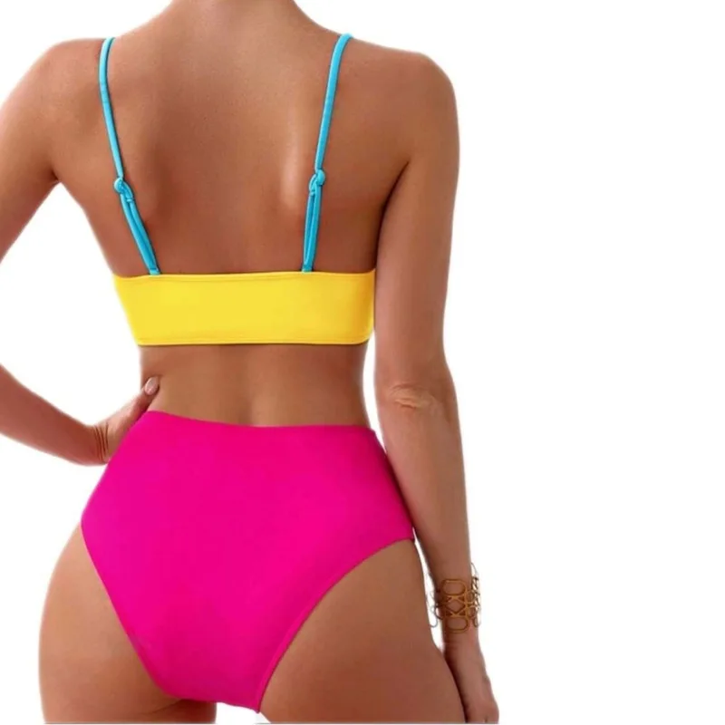 Contraste cor roupa de banho feminina conjuntos de biquíni novo sexy conjunto de biquíni cor sólida estilingue plissado split maiô feminino 2 peças micro