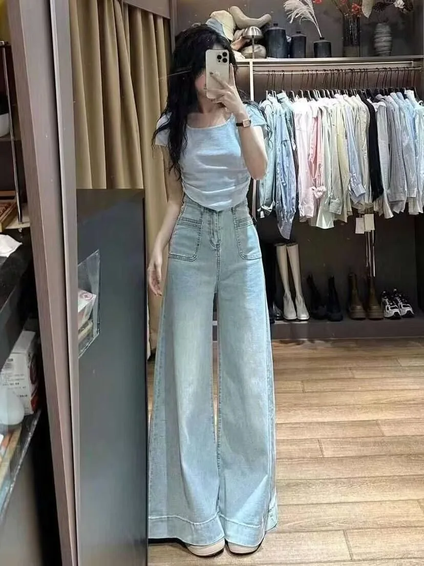 Vaqueros Vintage para mujer, ropa vaquera plisada Y2K, moda de estilo coreano, cintura alta, holgado, negro, ropa informal estética Harajuku