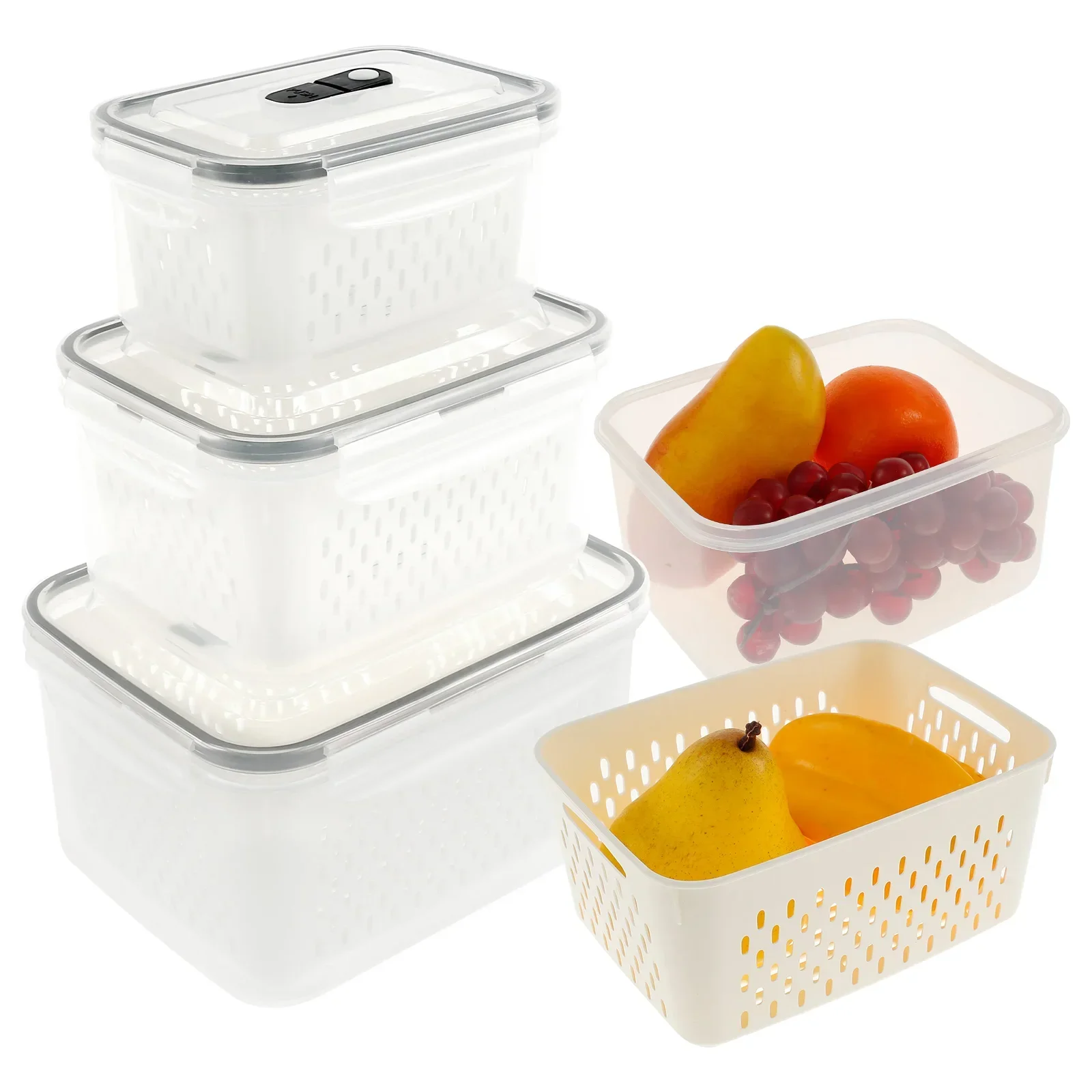 

New 3/4Pcs Fruit Storage Containers with Removable Colander Leakproof Produce Saver Container Different Size Refrigerator