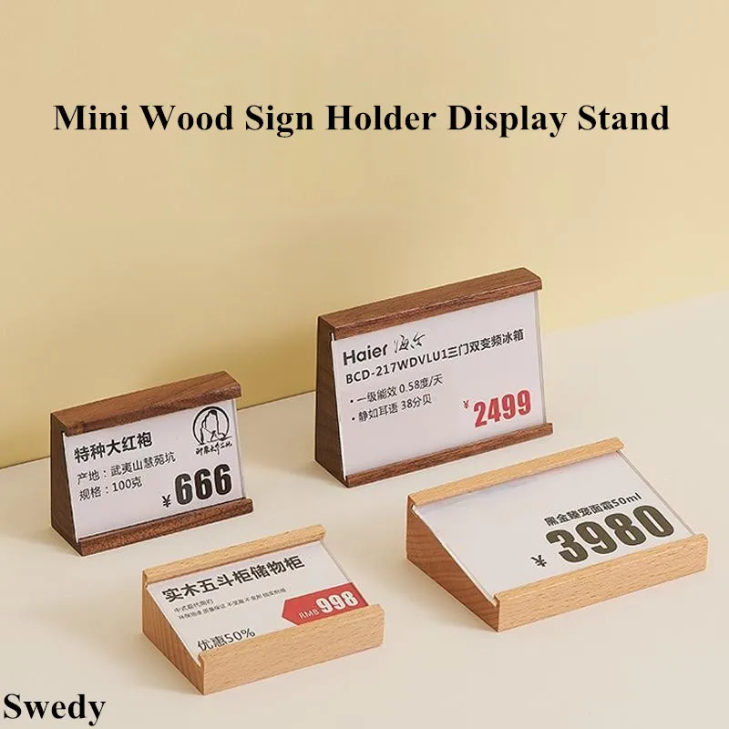 90x54mm Small Wooden Acrylic Sign Holder Display Stand Table Number Menu Flyer Paper Poster Frame Mini Price Label Card Tags