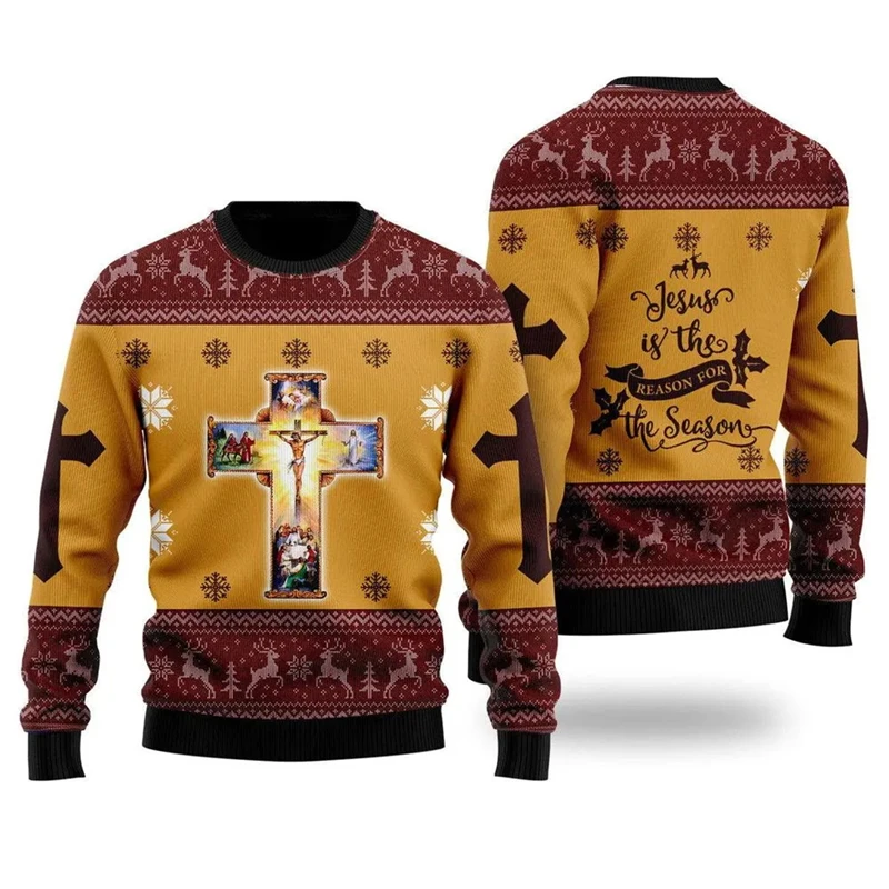 Ugly Christmas Sweater 3D Funny Jesus Printed Holiday Party Sweatshirt For Christmas Sweater Men Casual Long Sleeve Pullover Top