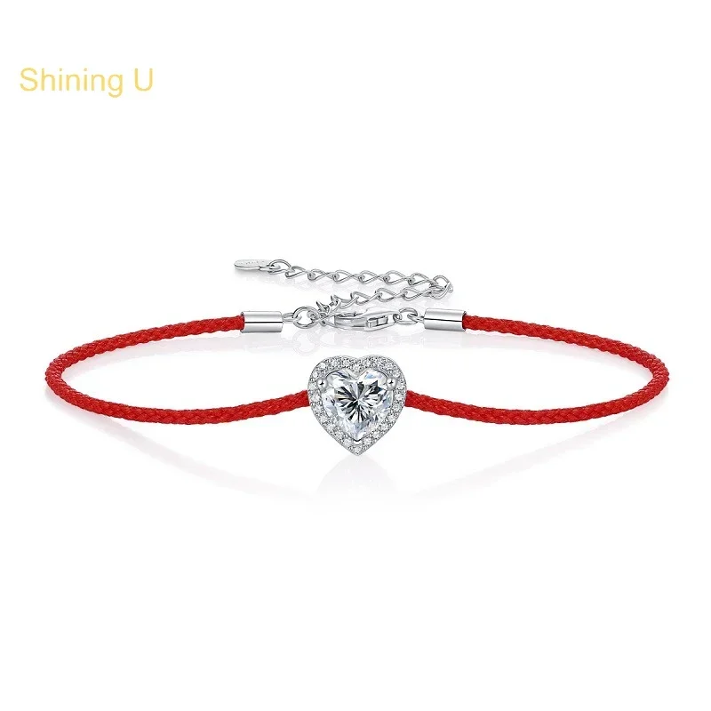 

Shining U S925 Silver Moissanite Heart Redline Bracelet Fine Jewelry for Women New Chinese Style Gift