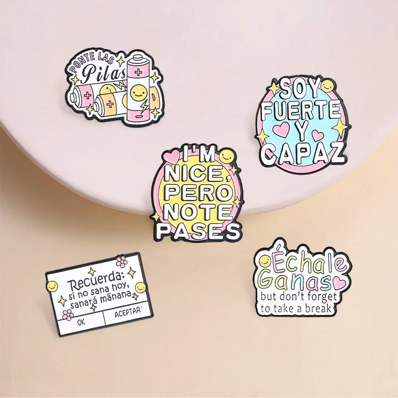 Computer pop-ups Enamel Pins Spanish Positive Power Quote Self Care Ponte Las Pilas Brooch Lapel Badge Jewelry Gifts for Friends