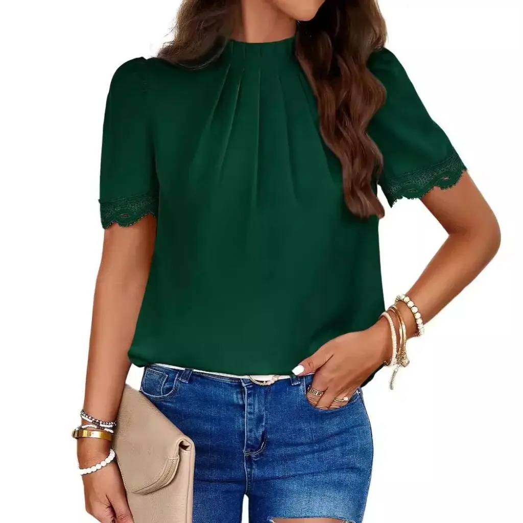 

Women's Casual Fashion Pleated Lace Shirt High Collar Solid Color Short Sleeve Top Spring Small Fit