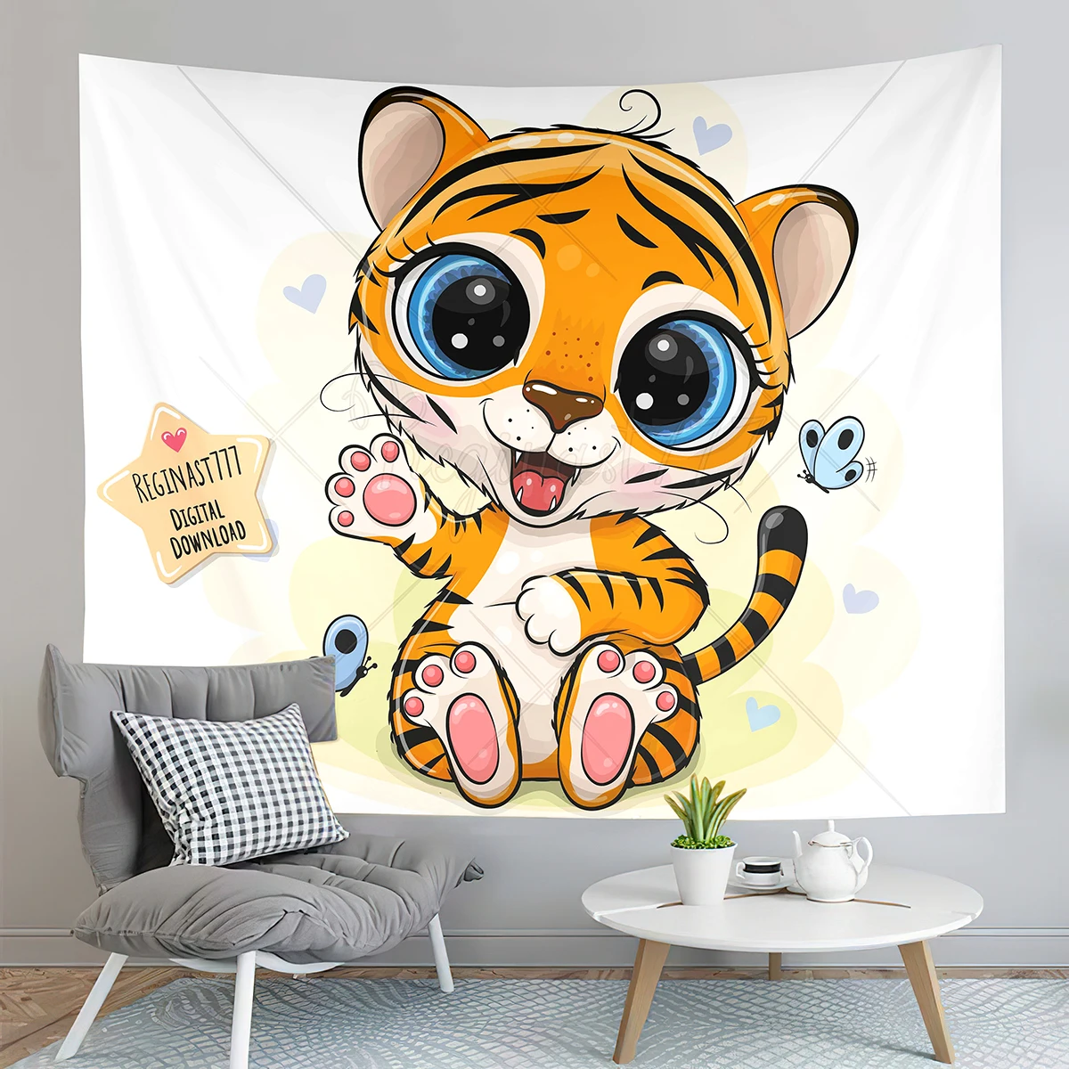Cartoon Tiger Tapestry Cute Big Eyes Pink Paws Tiger Cub Tapestry Art Home Living Room Bedroom Decor Tapestries for Girls Boys