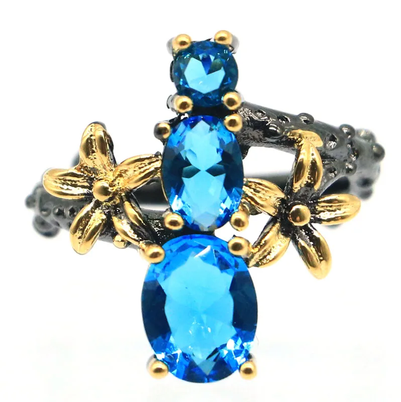 

21x19mm Vintage Violet Tanzanite Swiss Blue Topaz Pink Kunzite Black Gold Silver Rings