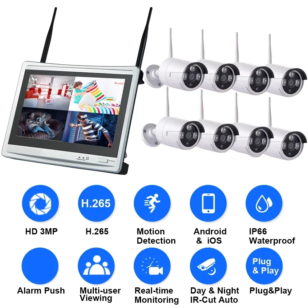 H.265 Complete Wifi Bullet Ip66 8 Camera Nvr Kit Security Surveillance 3mp 8 Channel Cctv Camera System with Screen