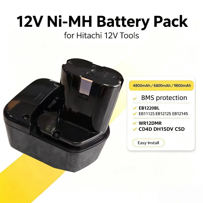 12V Ni‑Cd Battery Pack 4800/6800/9800mAh For Hitachi WR12DMR CD4D DH15DV C5D Drill