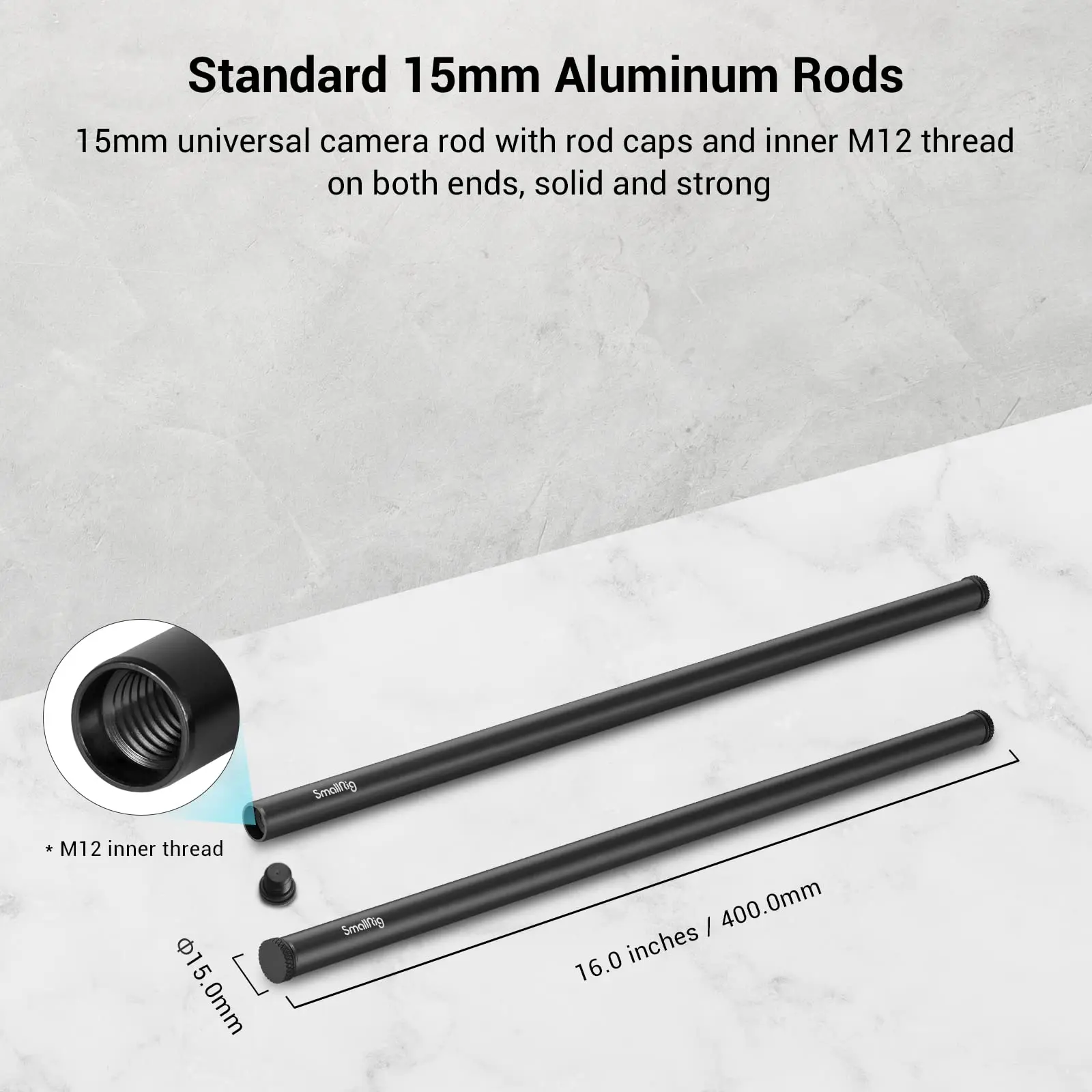 SmallRig Camera 15mm Rail Rod Aluminum Alloy Rod with M12 Female Thread DSLR Rig - 40cm 16 Inches Long 1054 (Pack of 2)