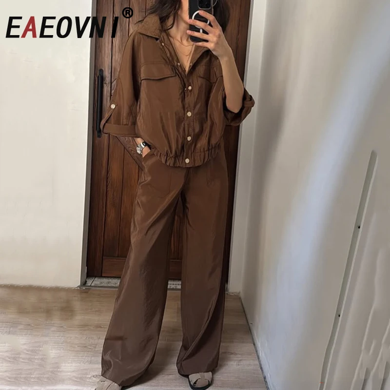

EAEOVNI повседневный однотонный женский комплект, рубашка на пуговицах с лацканами и карманами, топы + широкие брюки, модная новая одежда 2025 года