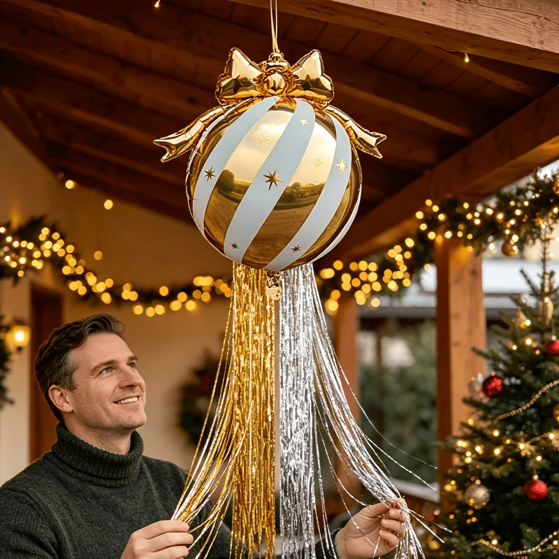5-Piece Set--Giant Inflatable Christmas Decoration Hanging Balls, Aluminum Foil Balloons, Striped Christmas Hanging Balloons with Rain-Like Tassels, Suitable for Outdoor and Indoor Home Use, Christmas Tree Holiday Decorations, Christmas Welcome Events, Family Gatherings, Window Displays, Market Events, Holiday Scene Arrangements, Winter Christmas Atmosphere Scene Setup, Winter Themed Activities