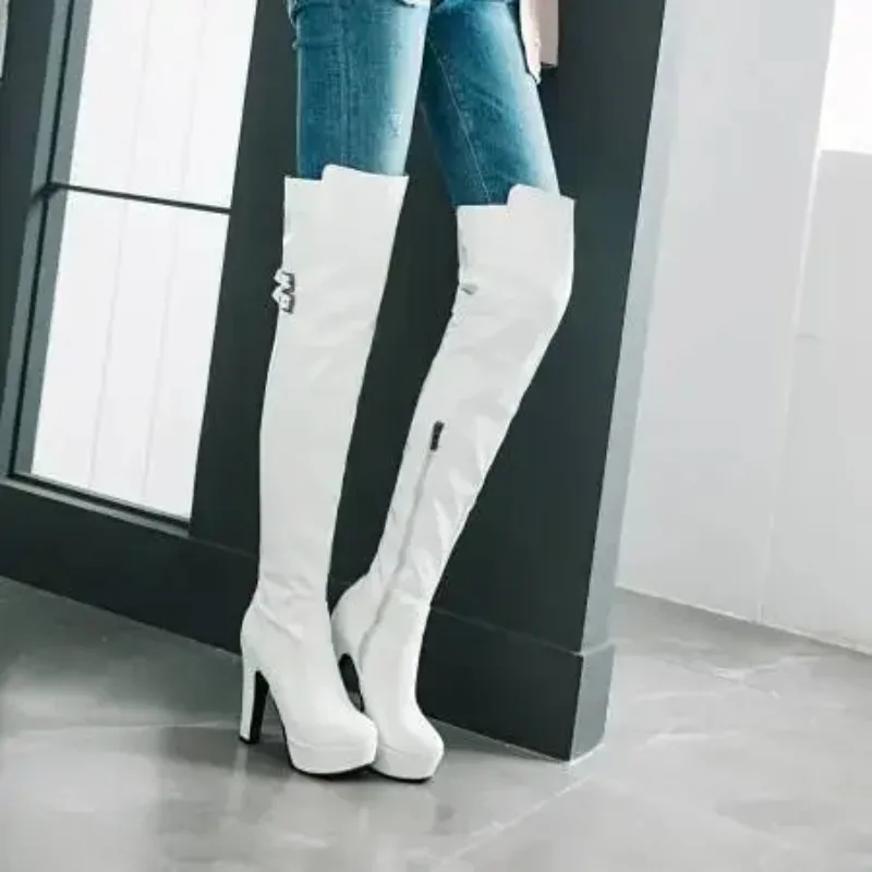 Women Platform Over The Knee Boots Sexy 12CM Super High Heels Red Patent Leather Long Boots Woman 2025 Winter Black Shoes