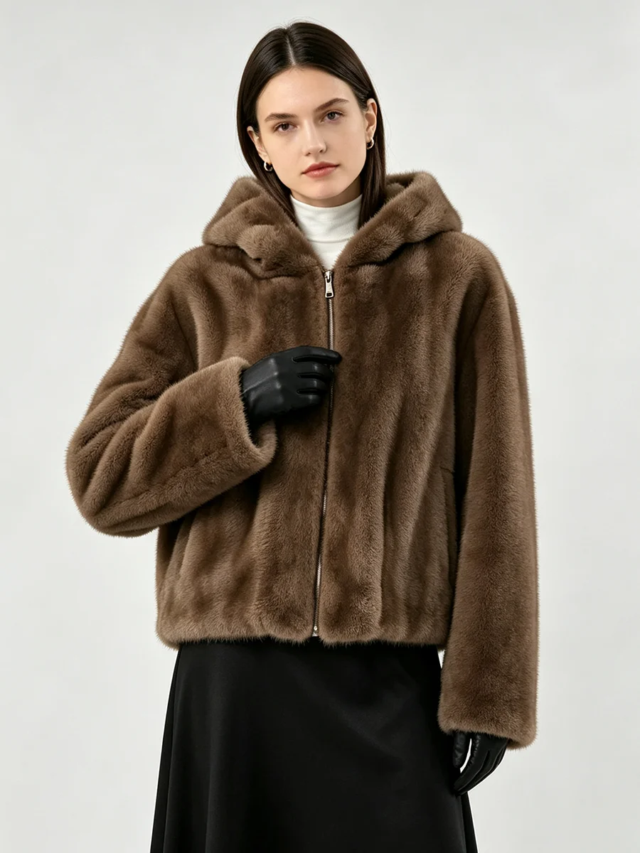 LIMO Women Hooded Faux Mink Fur Jacket  Zipper Front Long Sleeve Soft Fluffy Warm Loose Winter Ladies Short Outerwear