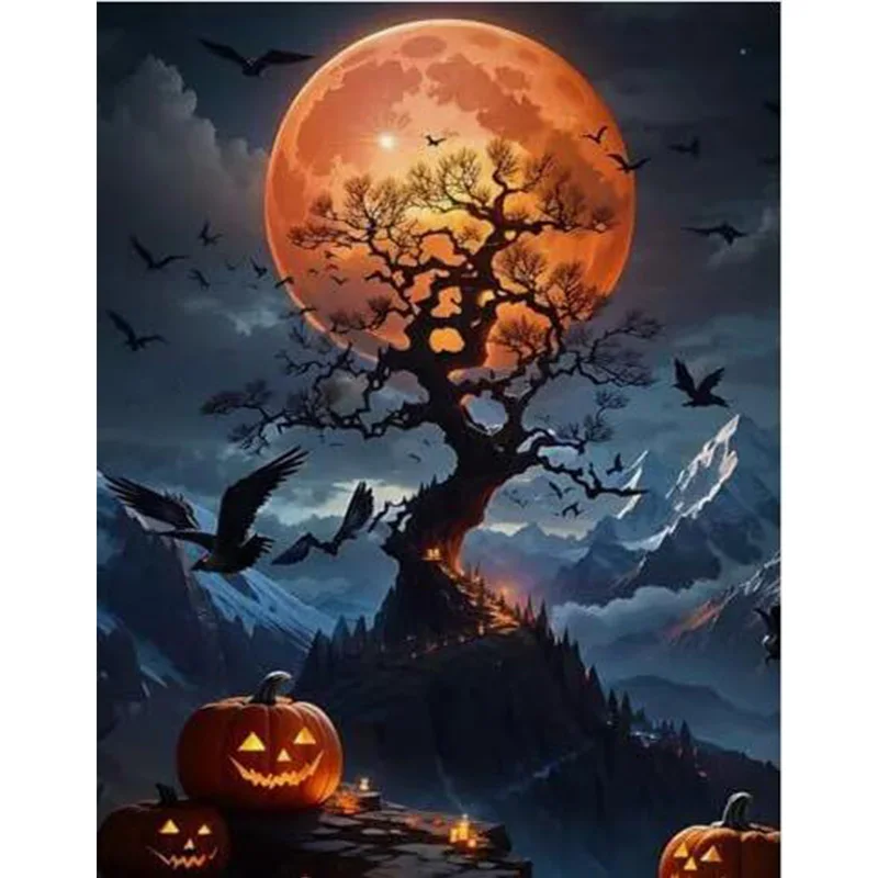 AB Diamond Diamond Painting Halloween pumpkins in the moonlight Embroidery Kit Wall Decoration Hanging Painting