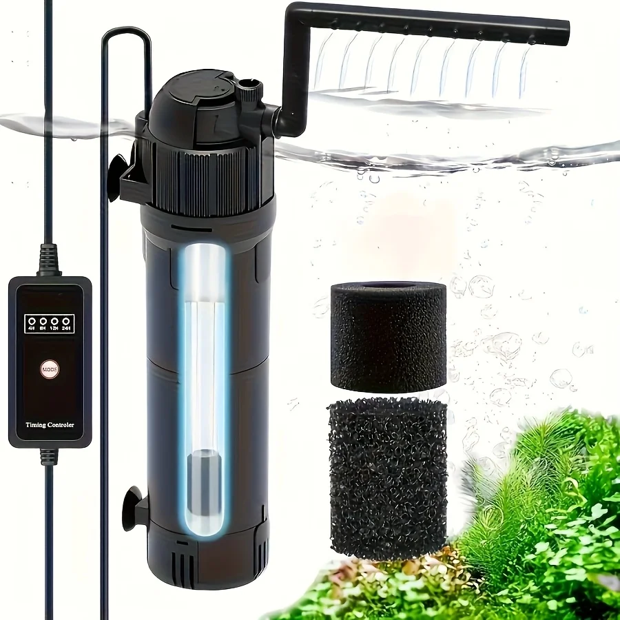 

Looyoou U-V Aquarium Filter Pump with Timer, Dual Mode (Aeration/Rainfall), Adjustable Flow & Direction for 40-120 Gallon Fish &
