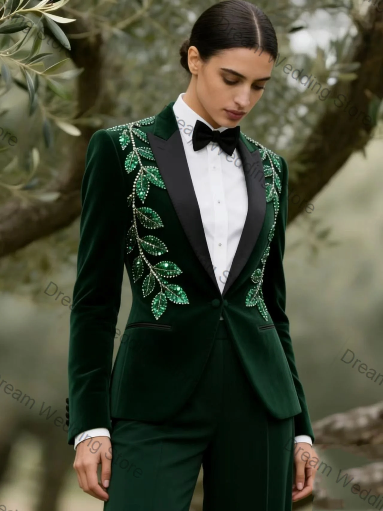 Green Velvet Women Suit Set 2 Pcs Blazer+Pants Trousers Crystals Spring Formal Office Lady Jacket Customized Wedding Guest Coat
