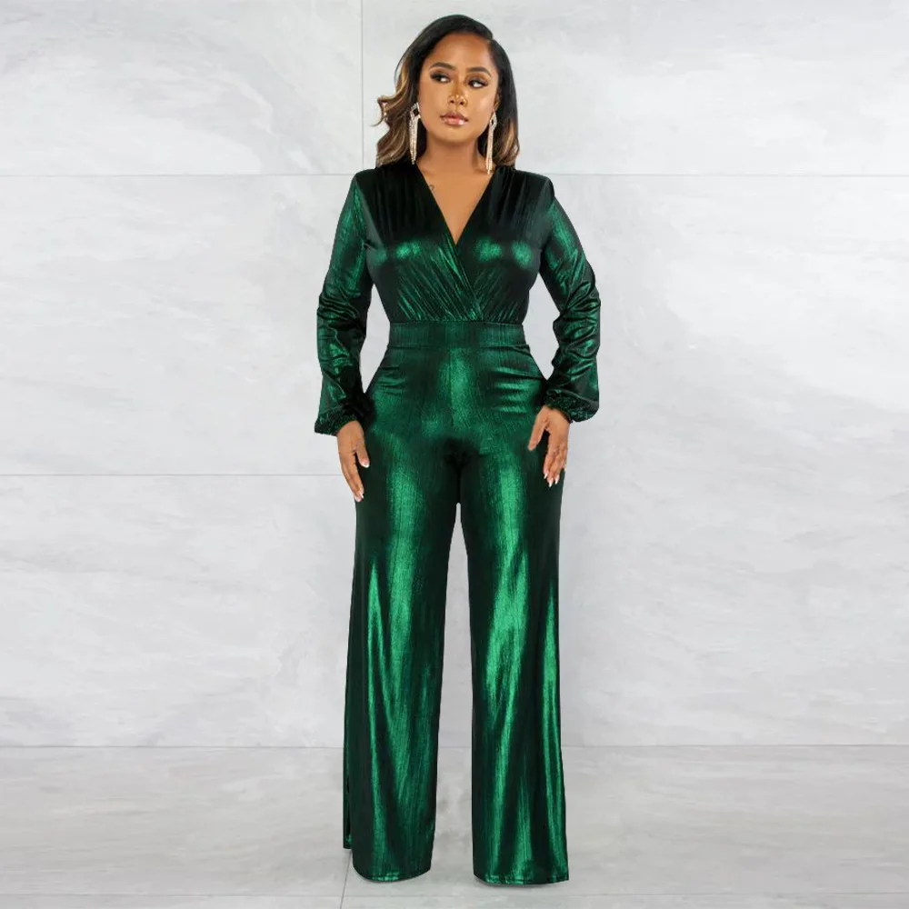 

Sexy Women Puff Sleeve Gold Bronzed Jumpsuit Long Sleeve V Neck Jumpsuits Women Rompers One Piece Overalls Night Club Outfits