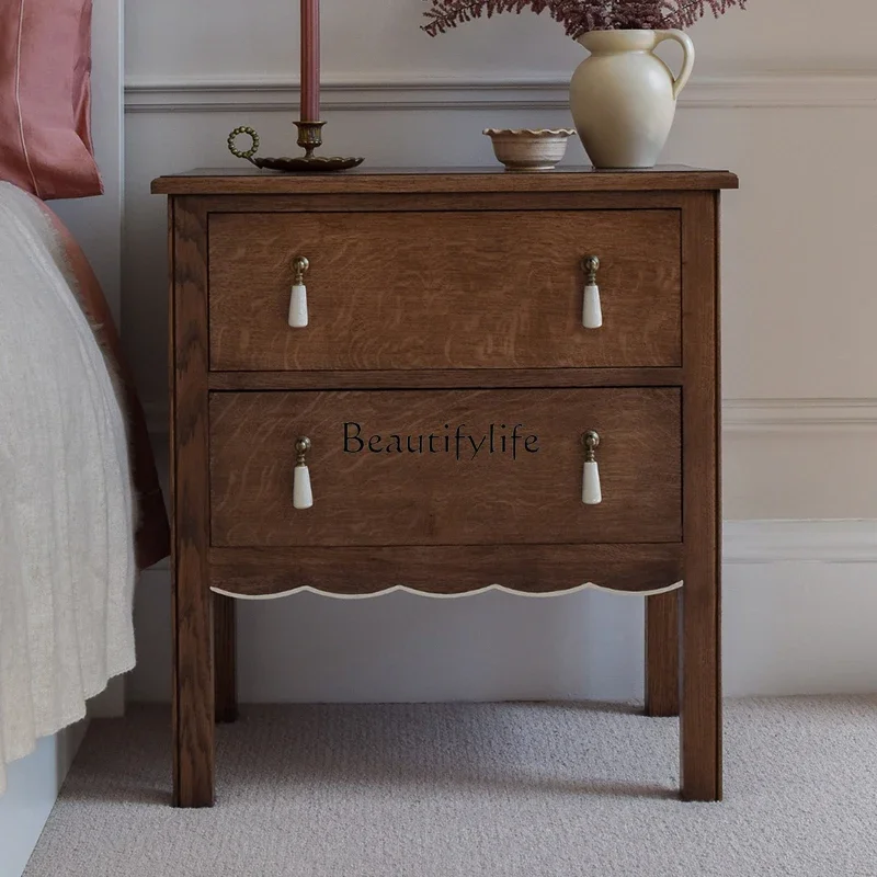 

ls 35 American-style Solid Wood Bedside Table Storage Vintage-style Distressed Double Drawer Storage Cabinet