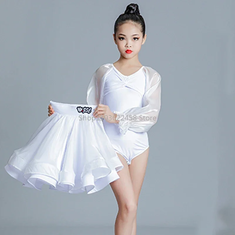 Vestido blanco de baile latino Tango Samba Rumba para niñas, vestidos de competición de baile de salón latino, ropa de baile para niños, ropa de práctica