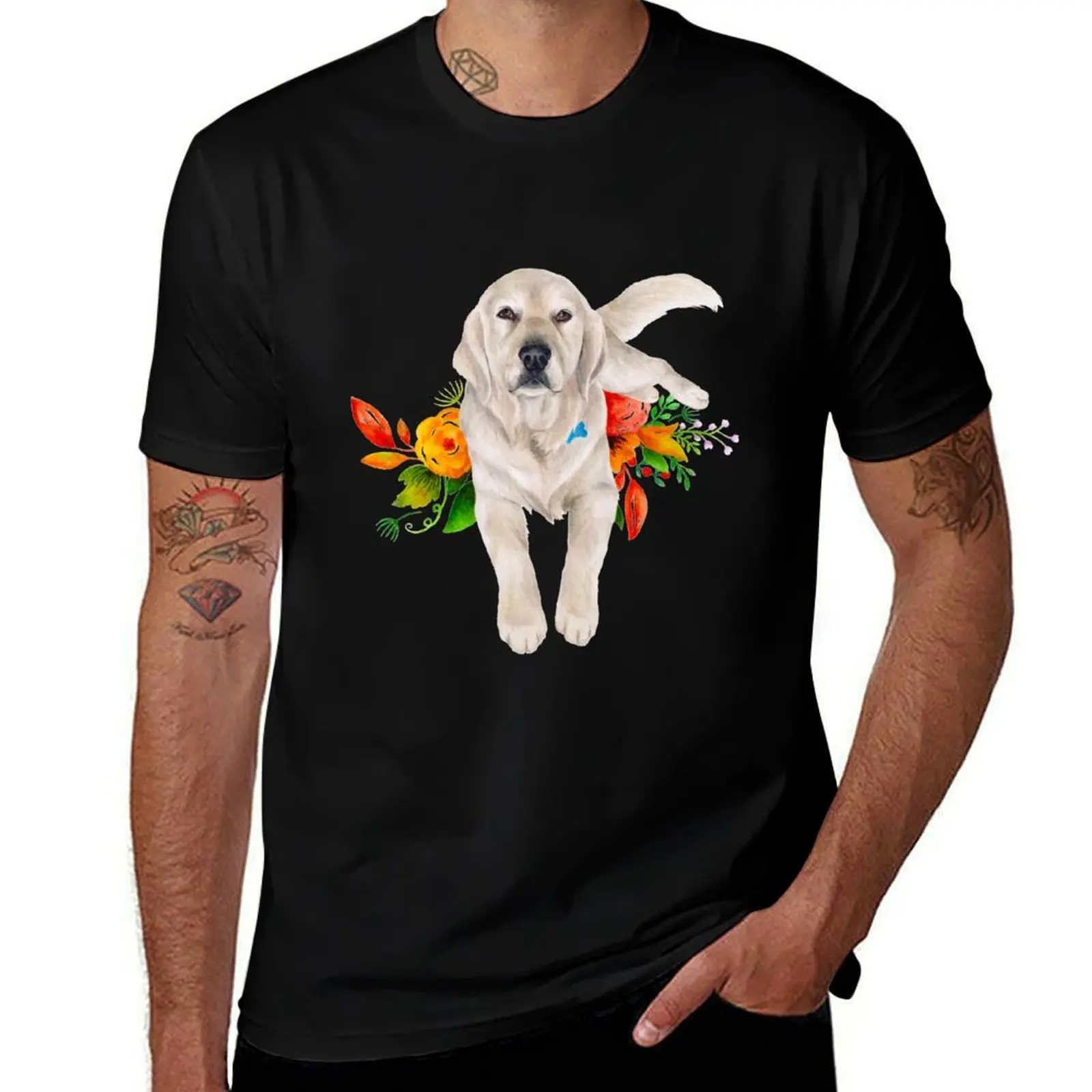 Golden Retriever with Flowers T-Shirt Relaxed Casual Short Sleeve Tee T-Shirt