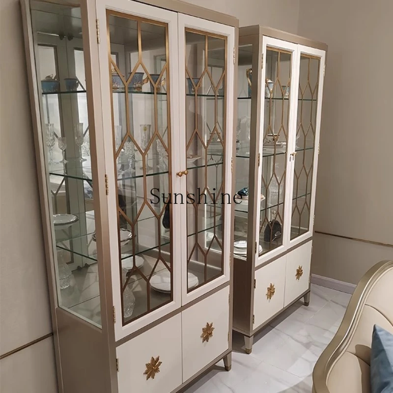 

French solid wood glass wine cabinet light luxury living room high-end display integrated storage new models
