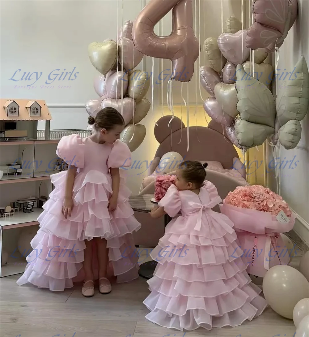 

Elegant Pink Tulle Princess Mini Flowers Girl Dress Quality ONeck Wedding Birthday Party Dresses Tiered Kid Prom Gown Customize