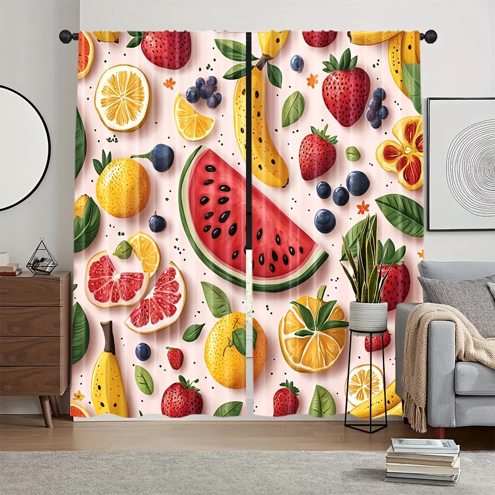 2 Panels Fruit Print Curtains Strawberry Watermelon Pattern Festival Decor for Every Room Two Pieces Set (No Rod)