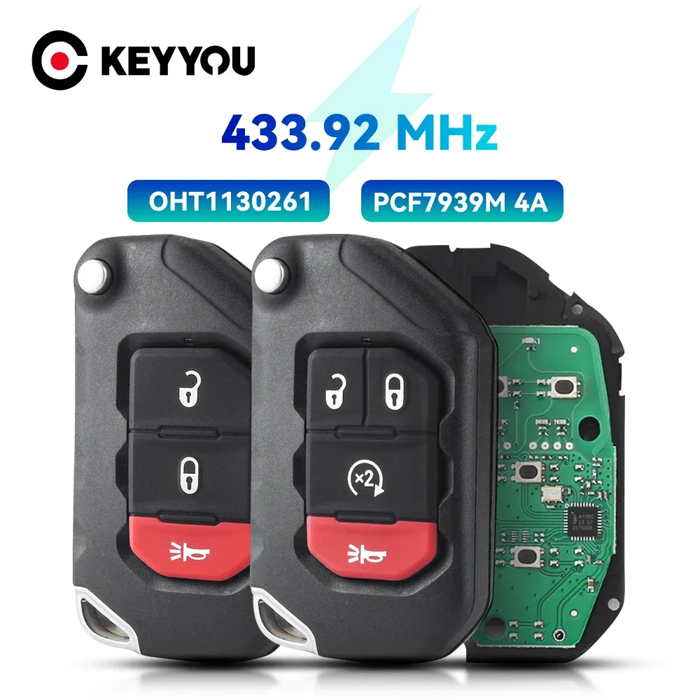 KEYYOU 1PCS OHT1130261 68416784AA  Flip Smart Car Key 433MHz PCF7939M 4A Chip For Jeep Wrangler 68416-782AA 2018 2019