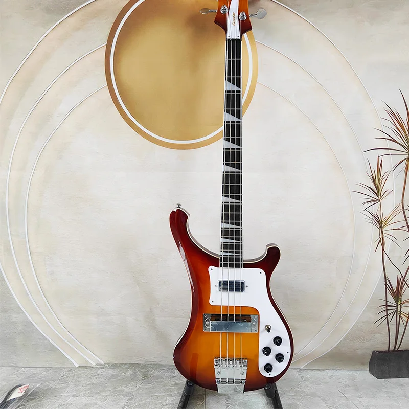 Sunset-Finish Rickenbacker-Style Electric Bass, Solid Wood Body with High-Grade Metal hardware, Dedicated Bass for Retro Rock Pe