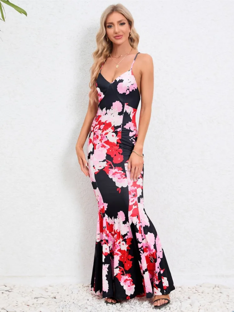 

Flower Print Slim Spaghetti Strap Fishtail Dresses Women Sexy V-neck Backless Package Hip Bodycon Party Dress Female Streetwear