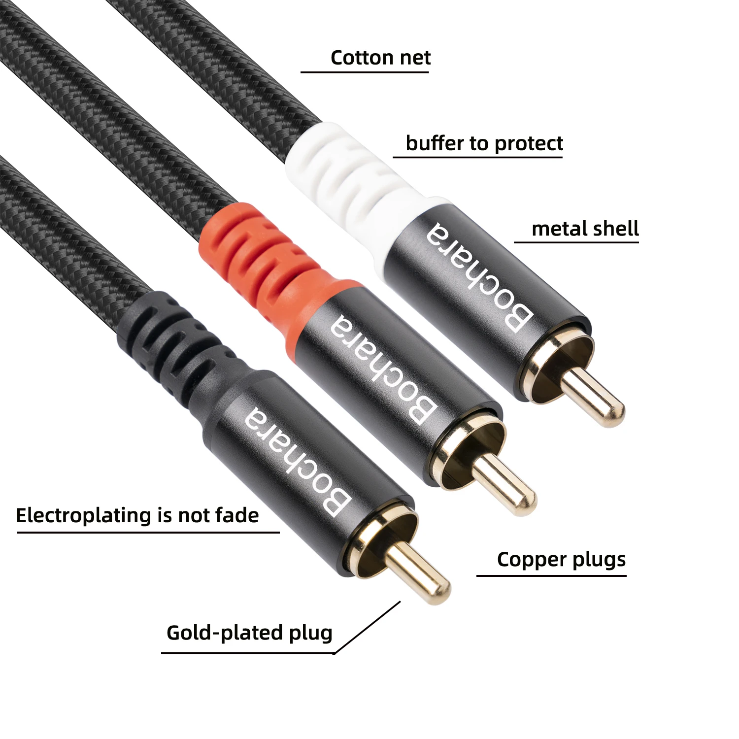 Bochara Braided RCA Male to 2RCA Male OFC Audio Cable Y Splitter Foil+Braided Shielded For Subwoofer Speaker Amplifier