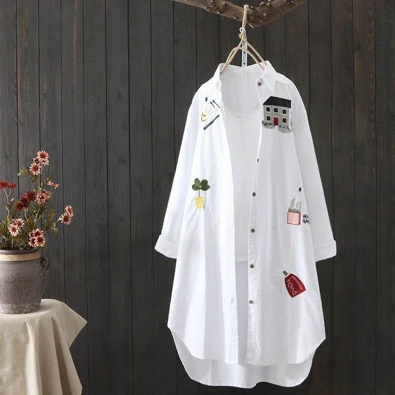Women's Cotton Embroidered Loose White Shirt 2024 Spring Autumn New Casual Office Blouse Blouse Loose Shirt