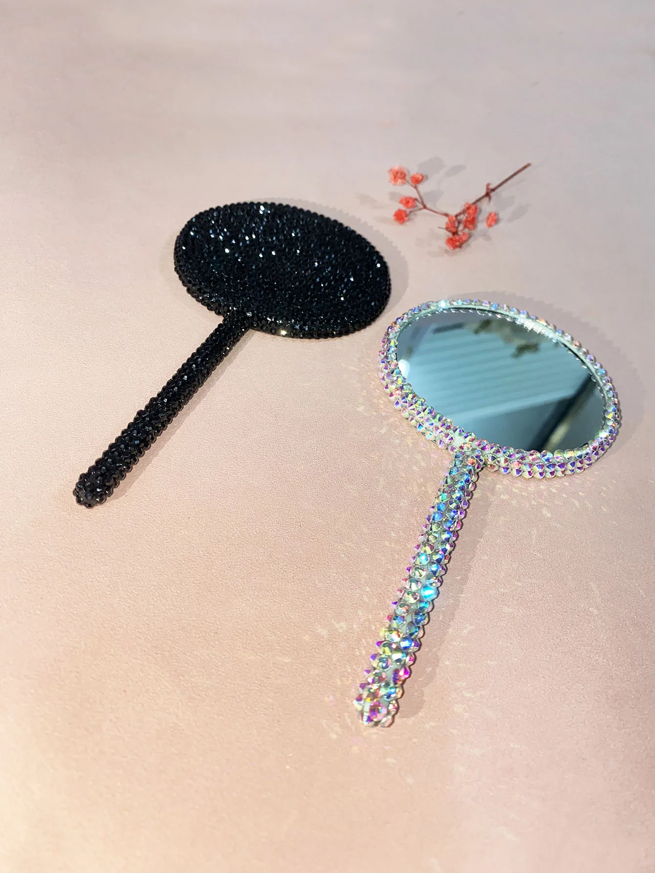 Diamond-encrusted Round Hand-held Cosmetic Mirror, Lollipop Mirror, Round Handle Mirror, Creative DIY Small Mirror