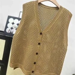 Knitted Vest Coat Women Spring Autumn 2026 New Hollow Sweater Sleeveless Jacket Ladies Loose Large Size Cardigan Waistcoat Top
